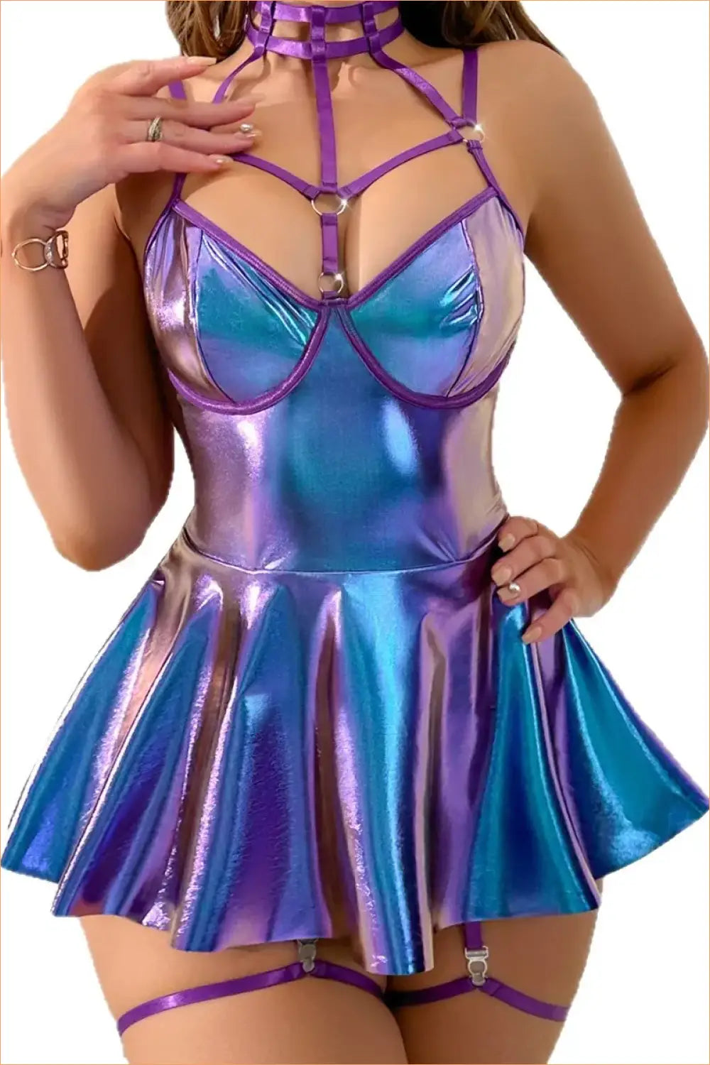 Holographic Harness-Neck Flared Mini Dress