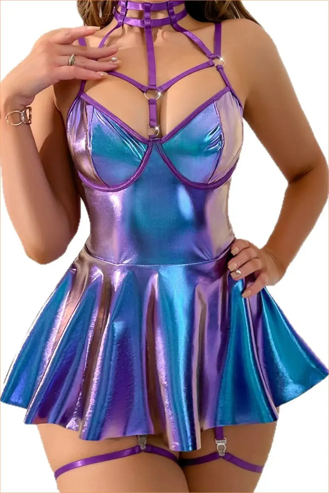Holographic Harness-Neck Flared Mini Dress