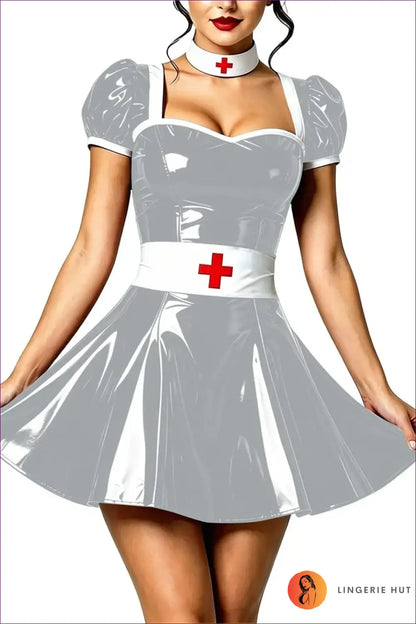 Nurse Costume with Puff Sleeves and Matching Choker - Playful Fantasy