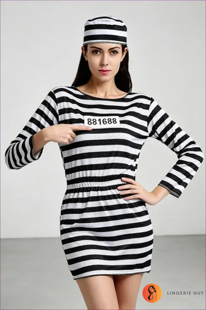 Striped Prisoner Costume with Matching Cap - Lockdown Chic