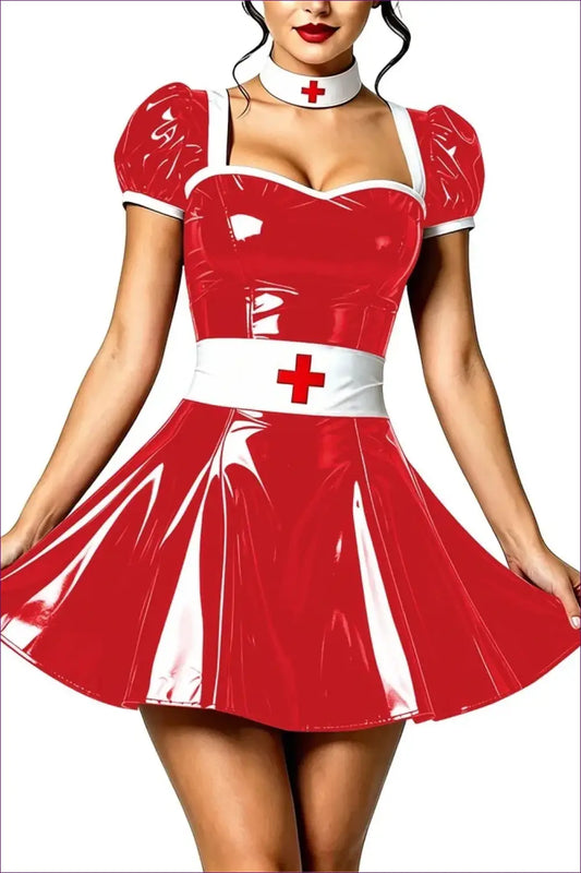 Nurse Costume with Puff Sleeves and Matching Choker - Playful Fantasy