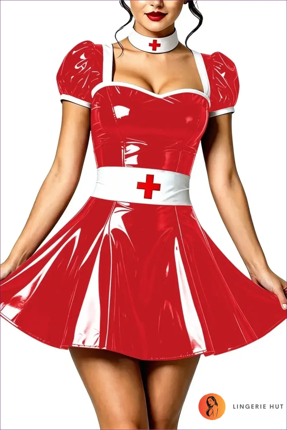 Nurse Costume with Puff Sleeves and Matching Choker - Playful Fantasy