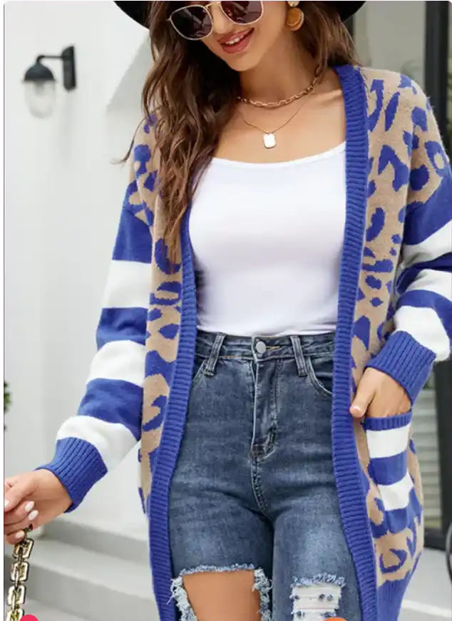 Blue and beige leopard print cardigan with white striped accents.
