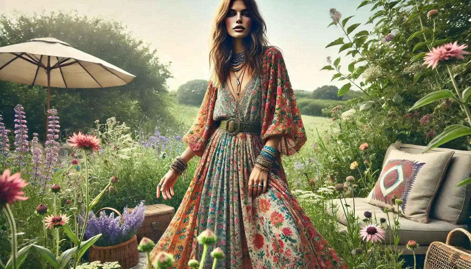 Flowing bohemian dress with mixed floral patterns and billowing sleeves.