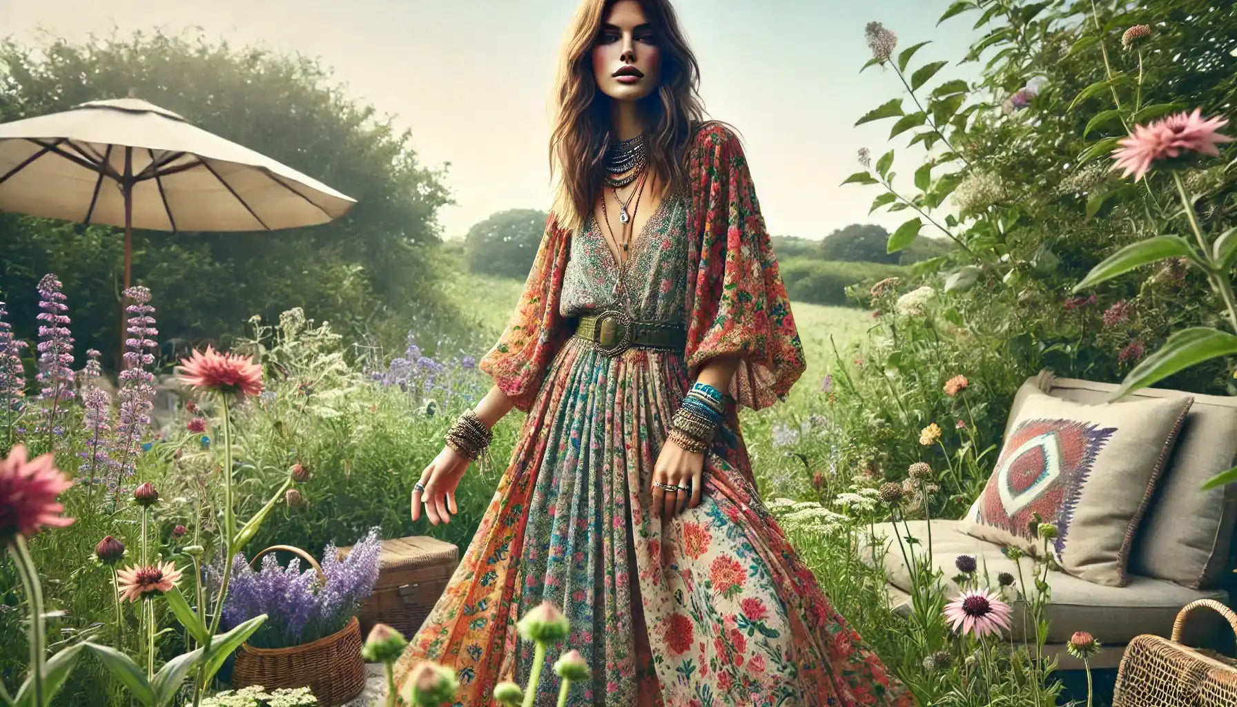 Flowing bohemian dress with mixed floral patterns and billowing sleeves.