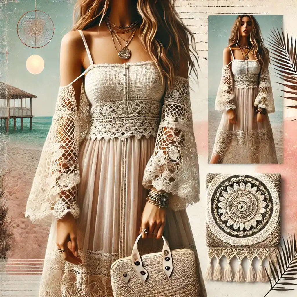 Bohemian-style cream lace dress with bell sleeves and crochet detailing.