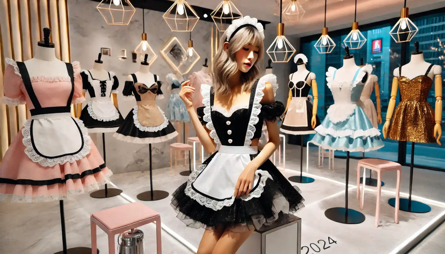 Classic black and white French maid costume with ruffled apron and short skirt.