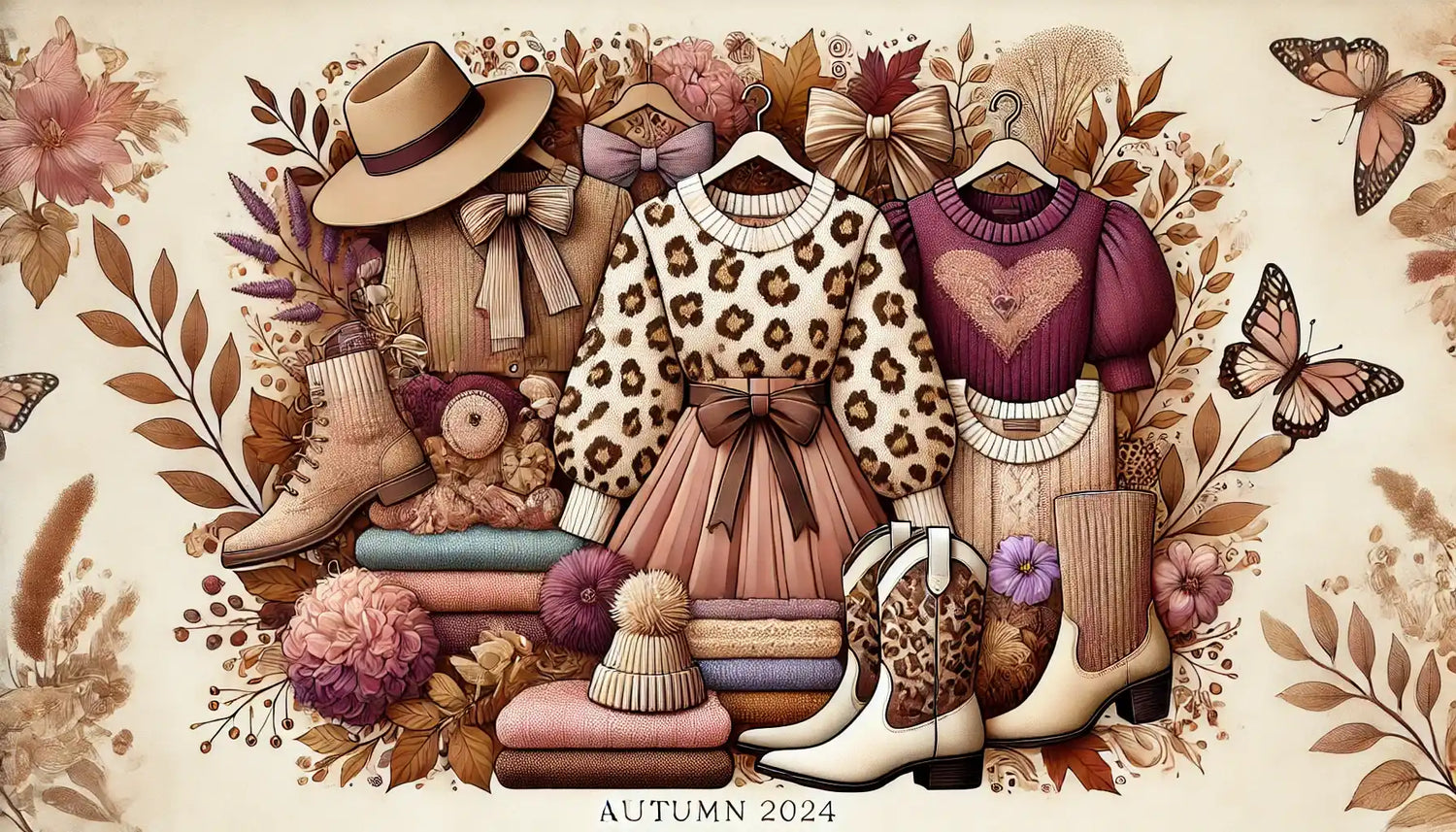 Collection of cozy autumn fashion items including sweaters, boots, a hat, and accessories arranged with floral and butterfly decorative elements.