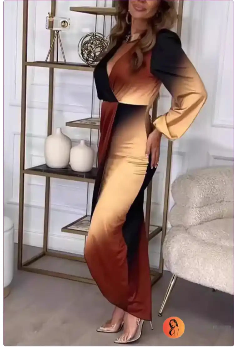 A color-blocked jumpsuit in navy blue, gold and rust tones with long sleeves.