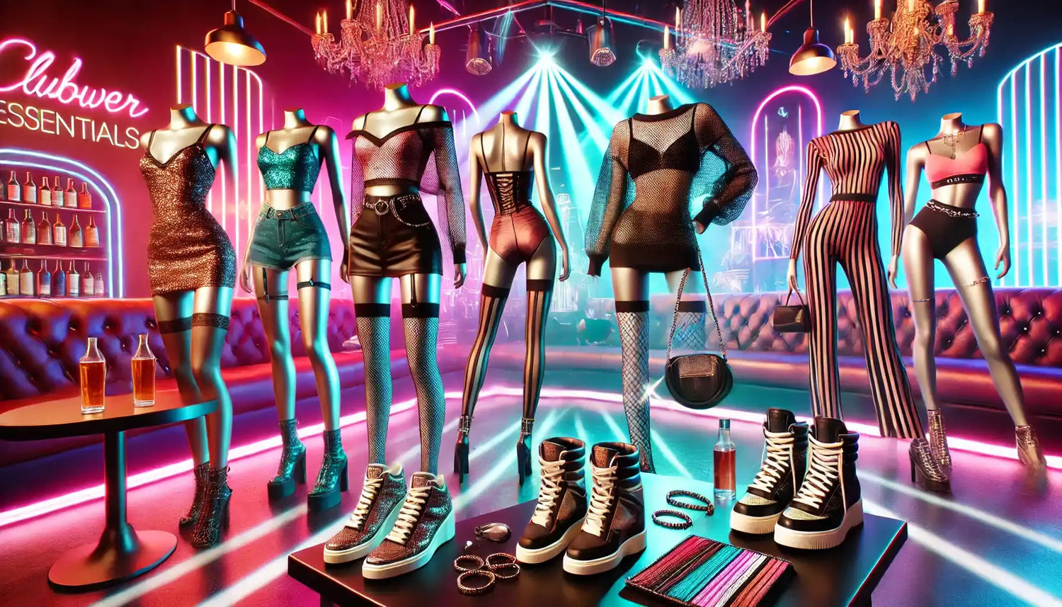 Fashion display featuring mannequins wearing lingerie and combat boots in a vibrant retail setting.