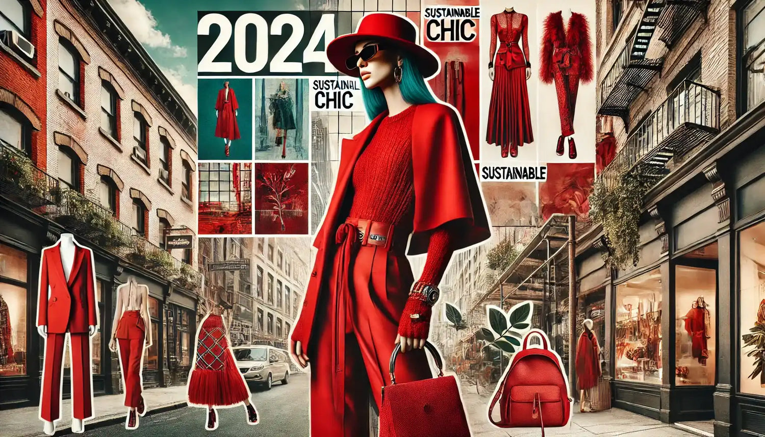 Fashion illustration featuring a bold red outfit with a wide-brimmed hat and matching handbag.