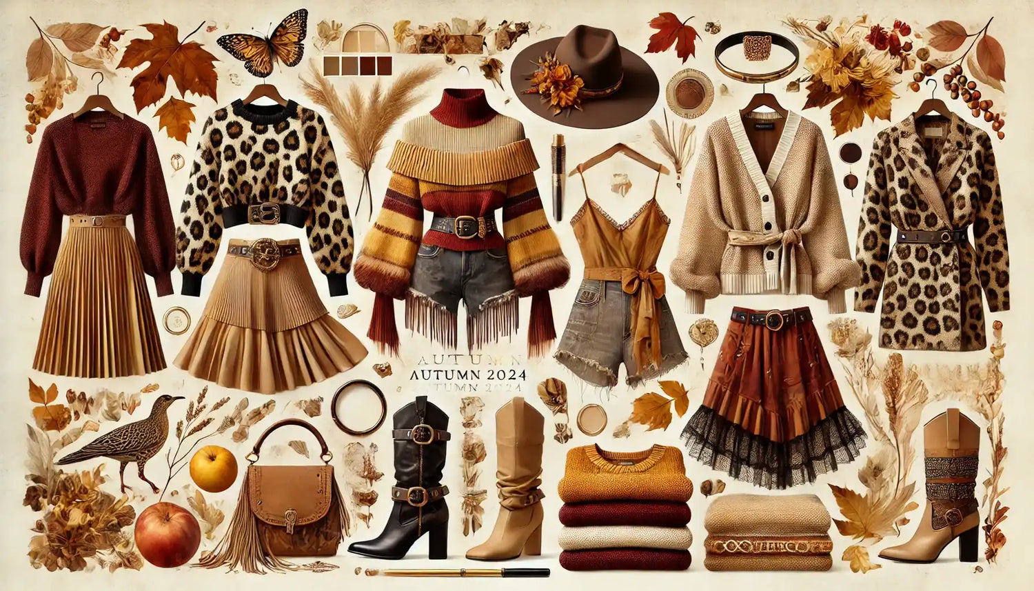 Fashion mood board featuring autumn-themed clothing and accessories in warm brown, beige and burgundy tones.
