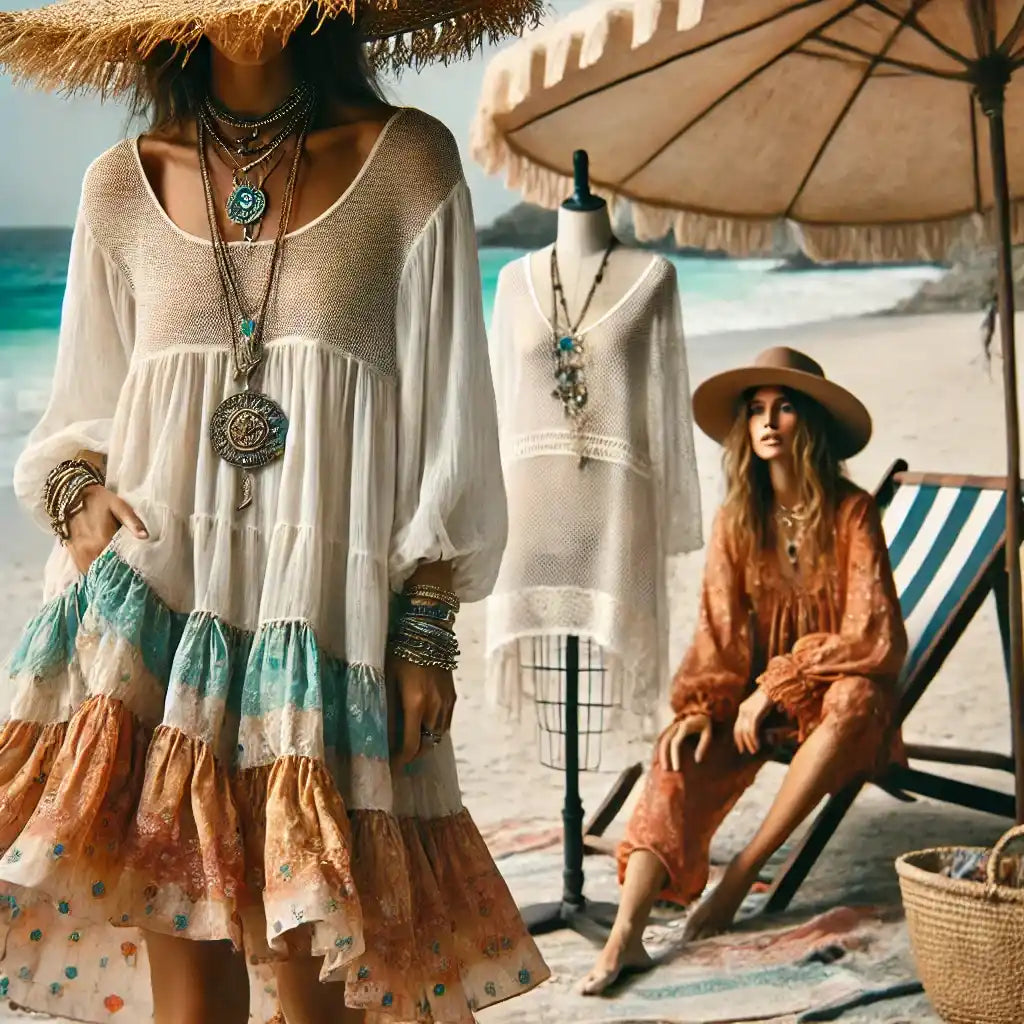 Flowy tiered boho dress with white, turquoise and peach color blocks.