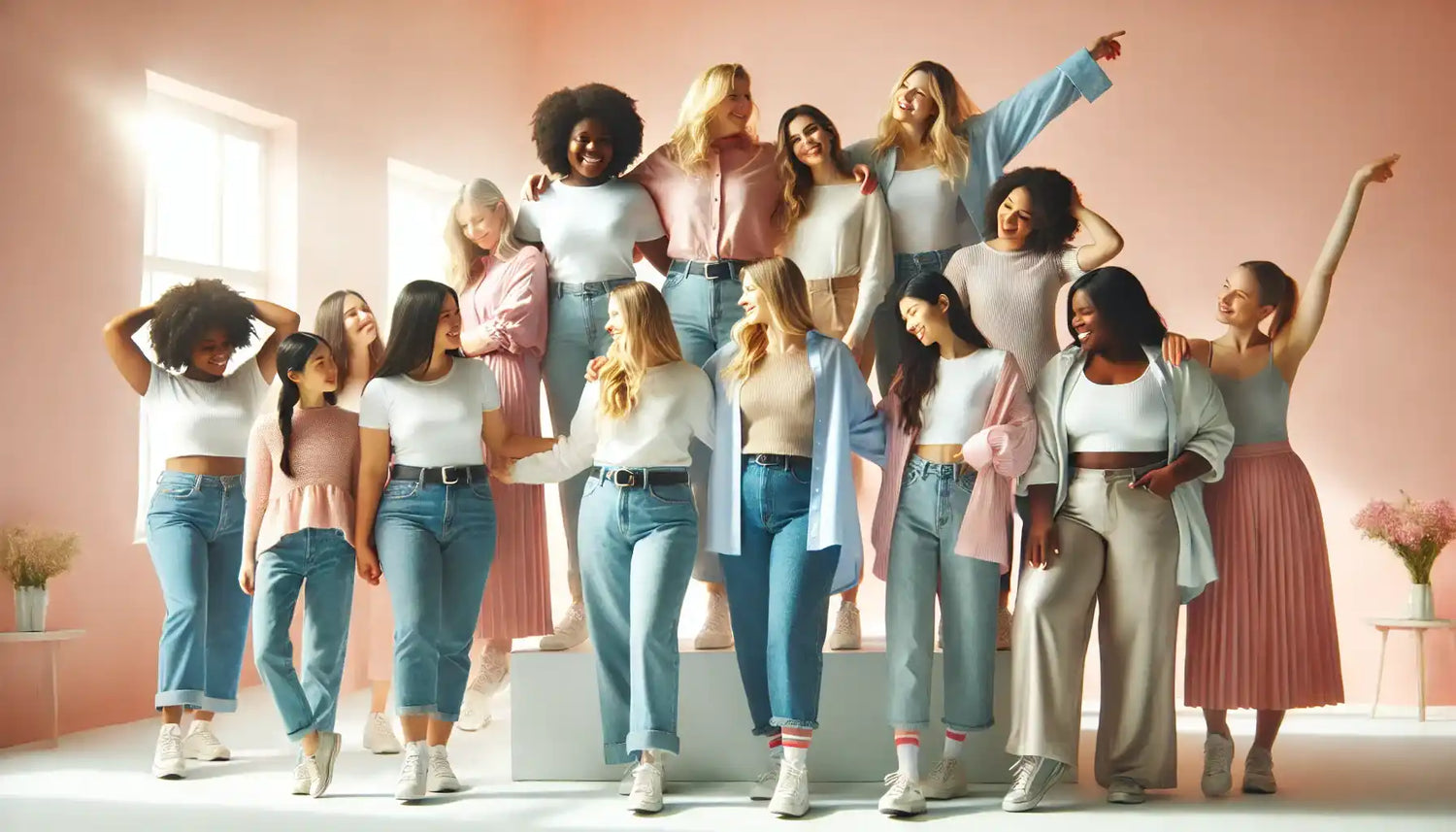 Group of diverse people wearing denim jeans and casual tops posing together in a celebratory manner.