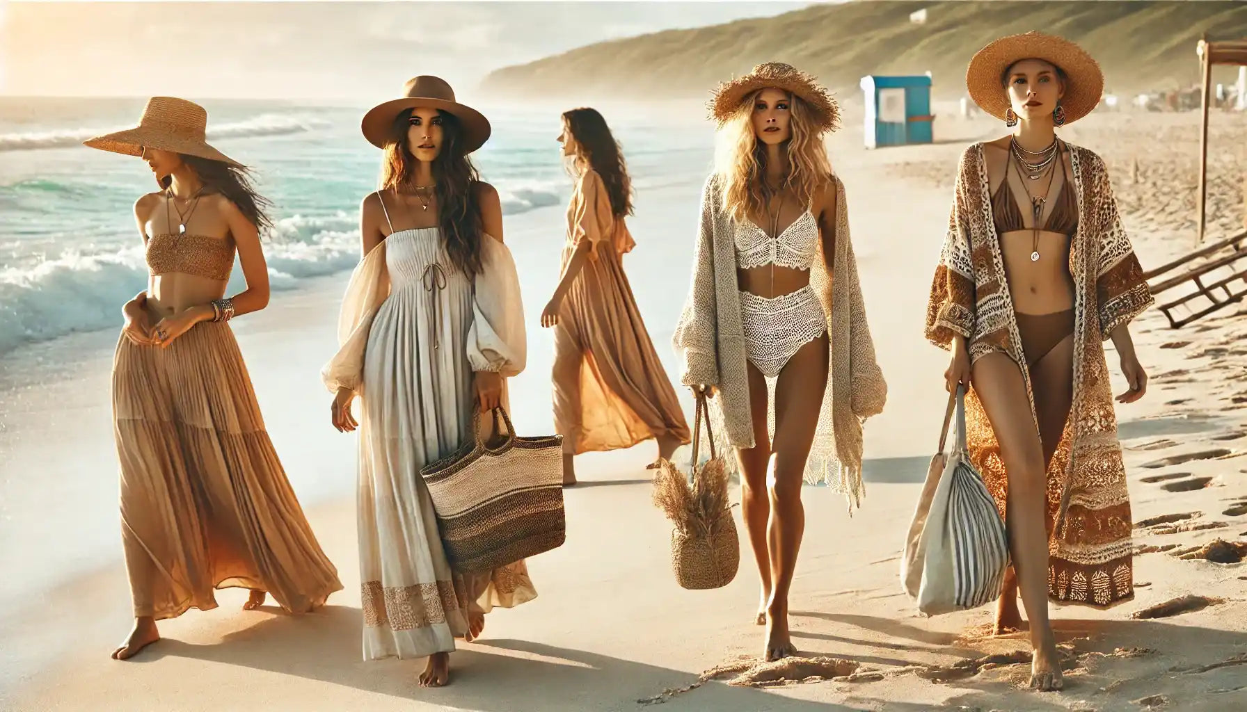 Group of friends in bohemian beachwear walking along the shoreline at sunset.