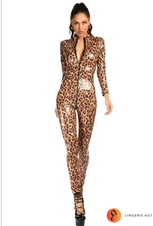 Form-fitting leopard print jumpsuit with long sleeves and a front zipper.