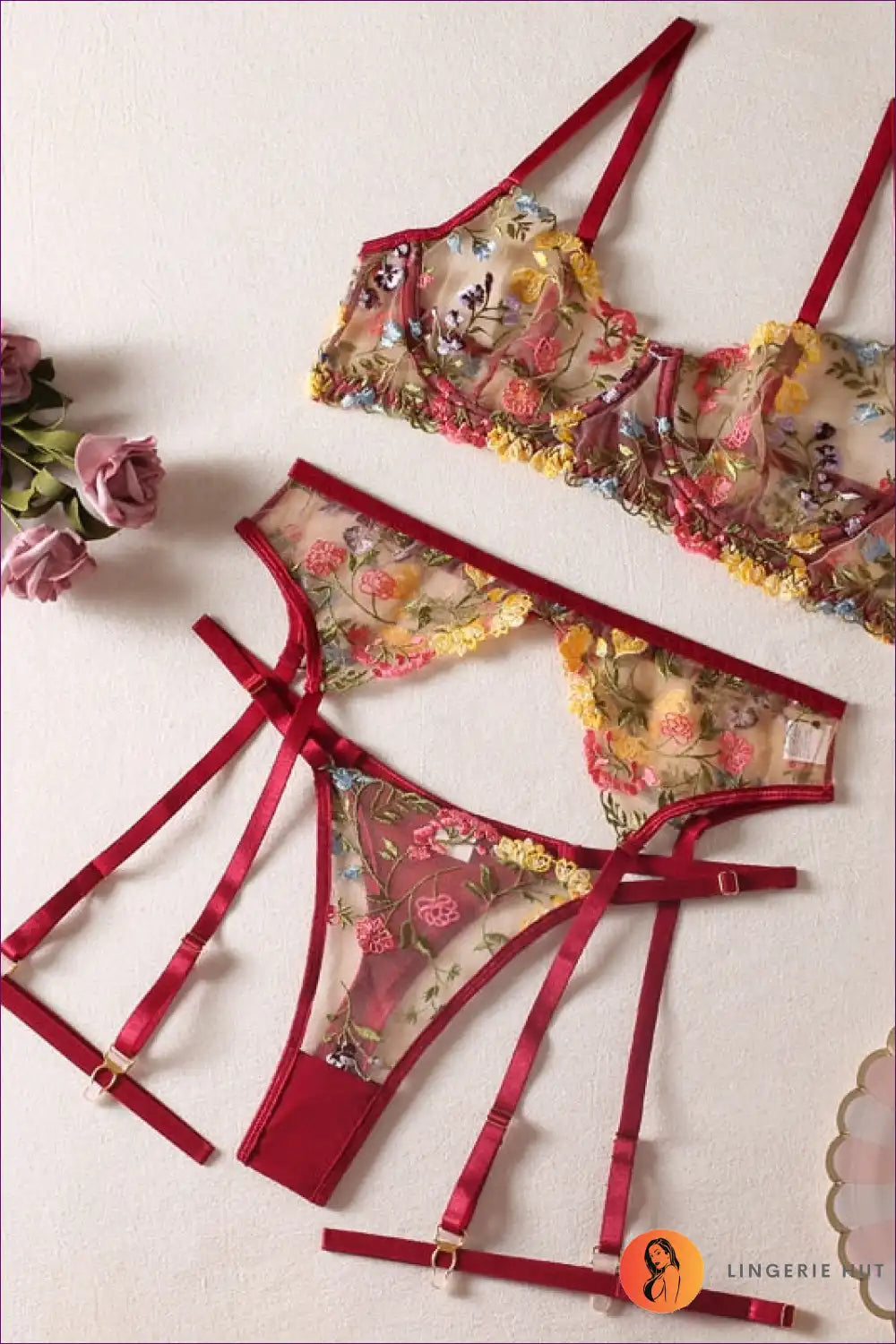 Indulge In Ultimate Seduction With Our Sensual Lace 3-piece Lingerie Set. Elevate Your Sensuality