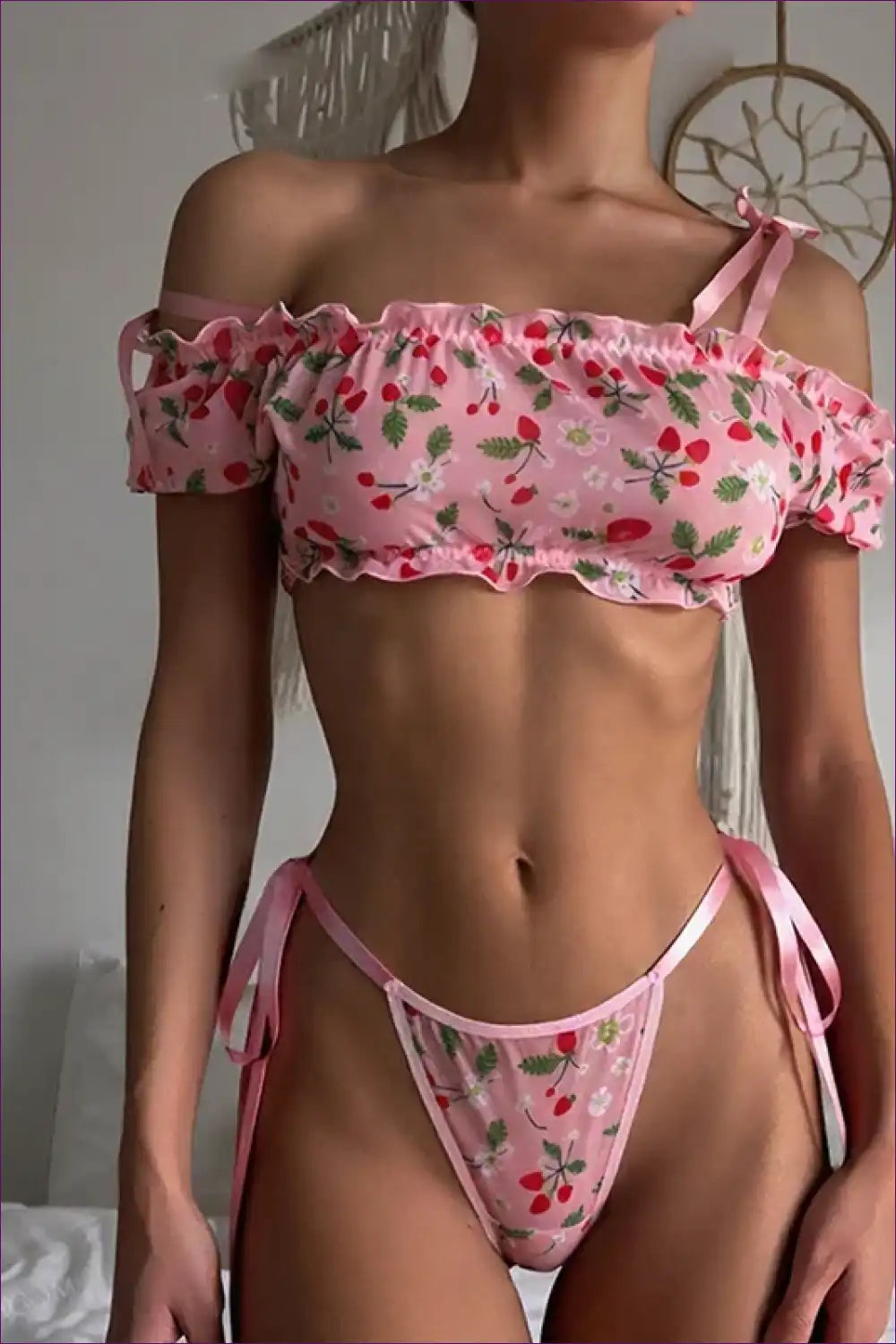 2-piece Lingerie Set with Off-shoulder Cherry Print - Playful Sweetness for Boudoir, Bra Set, Crop, Everyday,