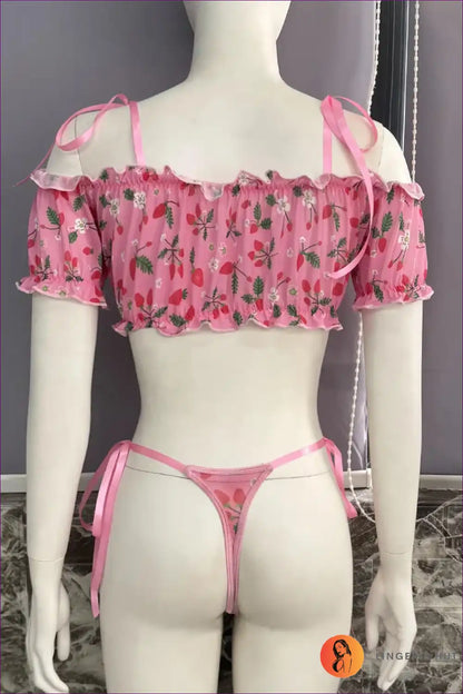 2-piece Lingerie Set with Off-shoulder Cherry Print - Playful Sweetness for Boudoir, Bra Set, Crop, Everyday,