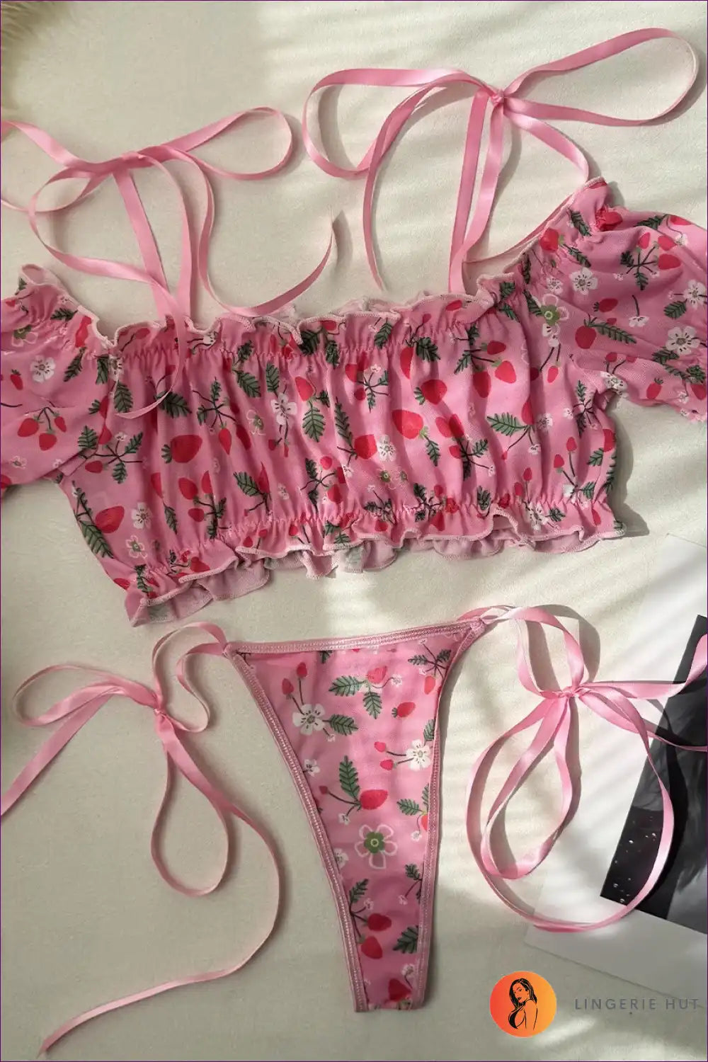 2-piece Lingerie Set with Off-shoulder Cherry Print - Playful Sweetness for Boudoir, Bra Set, Crop, Everyday,