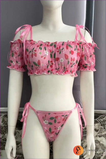 2-piece Lingerie Set with Off-shoulder Cherry Print - Playful Sweetness for Boudoir, Bra Set, Crop, Everyday,