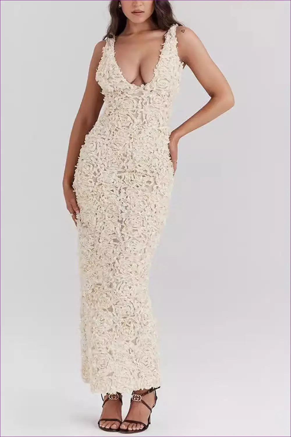 3d Floral Bodycon Maxi Dress - Wedding Guest Approved - Dresses - Lingerie Hut - Date Night • Deep V-neckline