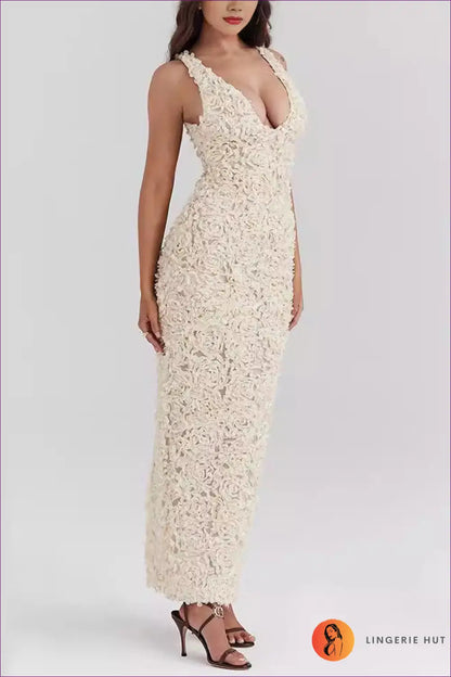 3d Floral Bodycon Maxi Dress - Wedding Guest Approved - Dresses - Lingerie Hut - Date Night • Deep V-neckline