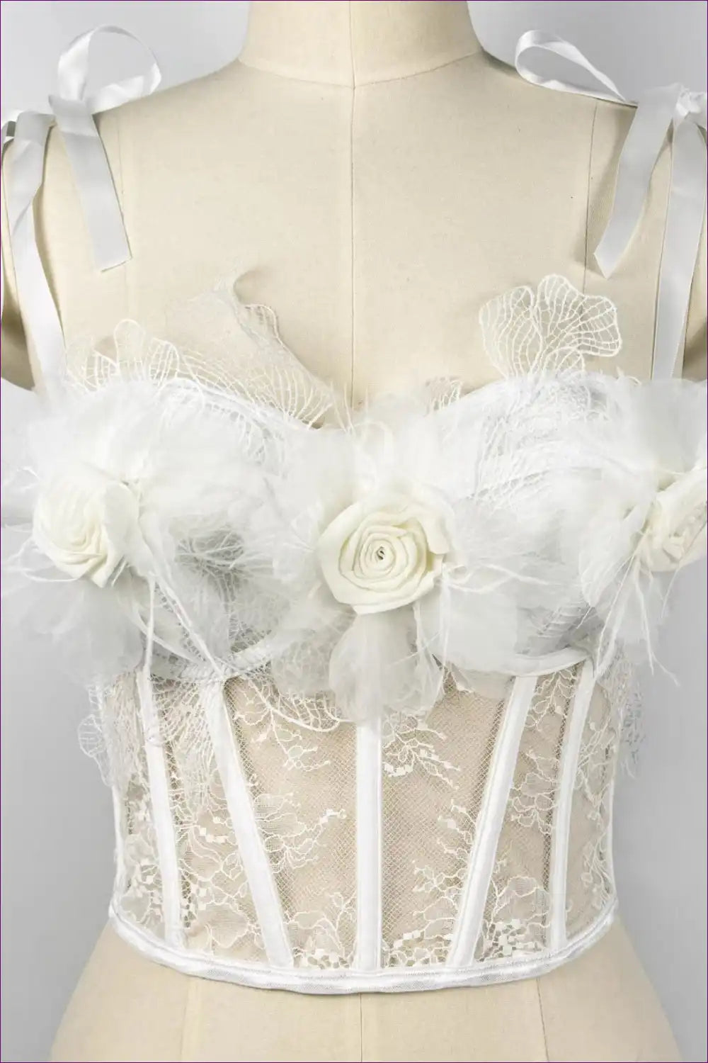 3d Floral Lace Corset Top with Ribbon Straps - Bridal Romance for Bridal, Corset, Crop, Evening Wear,
