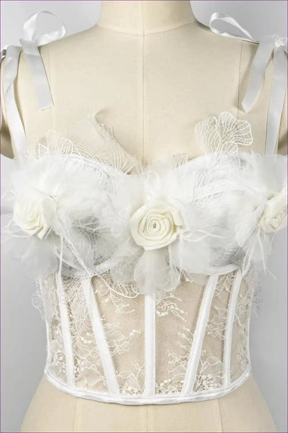 3d Floral Lace Corset Top with Ribbon Straps - Bridal Romance for Bridal, Corset, Crop, Evening Wear,
