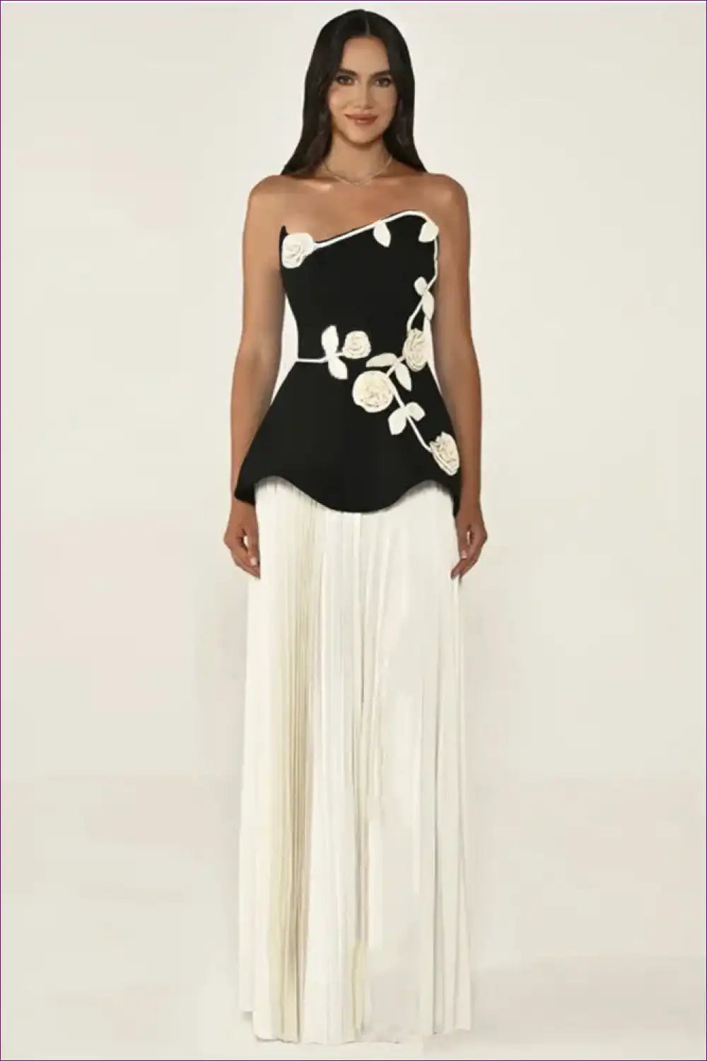 3d Floral Maxi Dress - One-shoulder Pleated Bandage Style for Evening Wear, Floral, Formal Maxi, Party