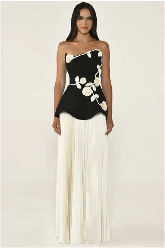 3d Floral Maxi Dress - One-shoulder Pleated Bandage Style for Evening Wear, Floral, Formal Maxi, Party