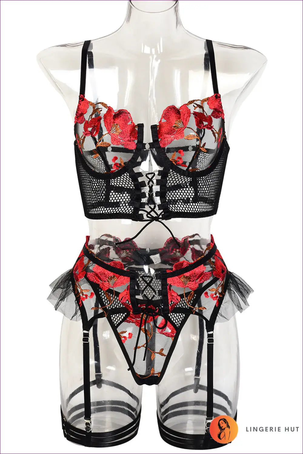 7-piece Sheer Bra Set with Floral Lace - Quiet Confidence - s / Black - Lingerie - Hut - All Season • Boudoir • Date