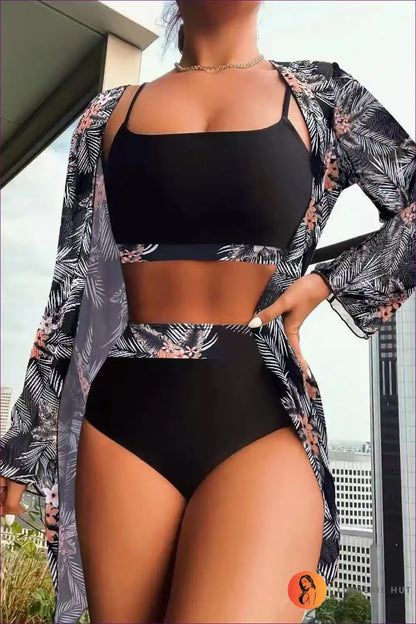 Unlock The Beach Goddess In You With a High-waist, Three-piece Swimsuit. Includes Long-sleeve Blouse For