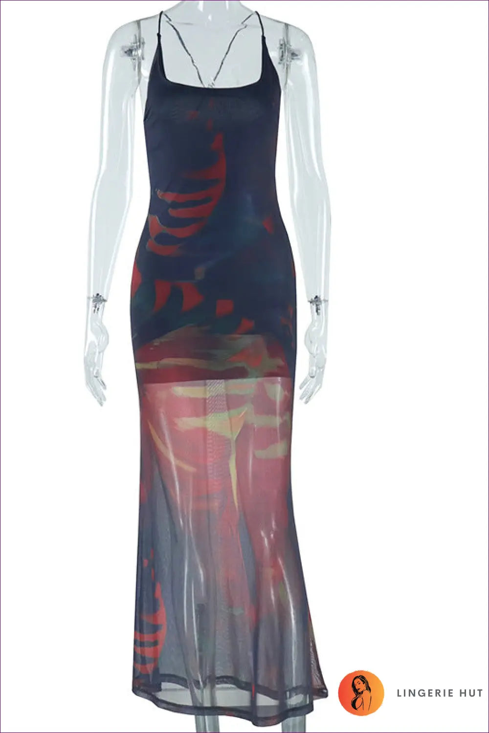 Abstract Mesh Maxi Dress - Artistic Allure For Bodycon, Chiffon, Date Night, Dress, Everyday