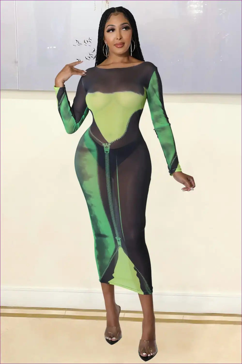 Abstract Print Bodycon Dress with Mesh Overlay for Autumn, Bodycon, Casual, Cutout, Date Night