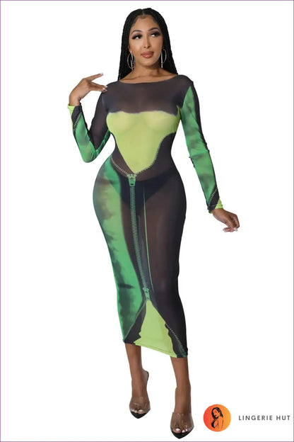 Abstract Print Bodycon Dress with Mesh Overlay for Autumn, Bodycon, Casual, Cutout, Date Night