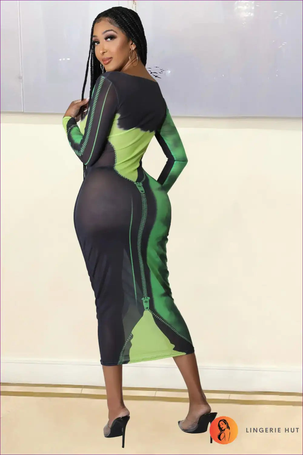 Abstract Print Bodycon Dress with Mesh Overlay for Autumn, Bodycon, Casual, Cutout, Date Night