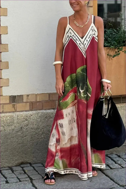 Abstract Print Maxi Dress with V-neck - Artistic Summer Escape for A-line, Boho, Casual, Everyday,
