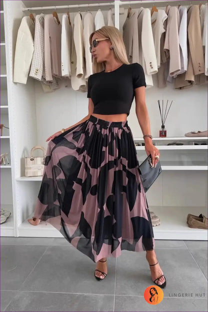 Abstract Print Maxi Skirt with Sheer Overlay - Modern Boho Mood for Autumn, Boho, Casual, Everyday,