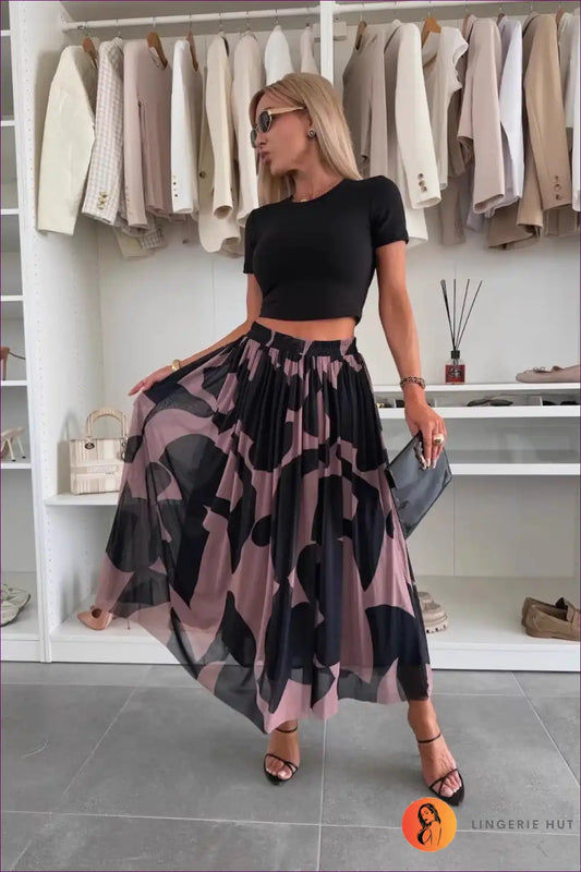 Abstract Print Maxi Skirt with Sheer Overlay - Modern Boho Mood for Autumn, Boho, Casual, Everyday,