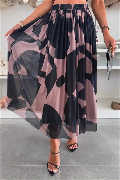 Abstract Print Maxi Skirt with Sheer Overlay - Modern Boho Mood for Autumn, Boho, Casual, Everyday,