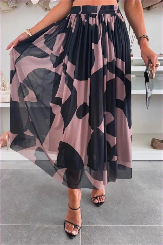 Abstract Print Maxi Skirt with Sheer Overlay - Modern Boho Mood for Autumn, Boho, Casual, Everyday,