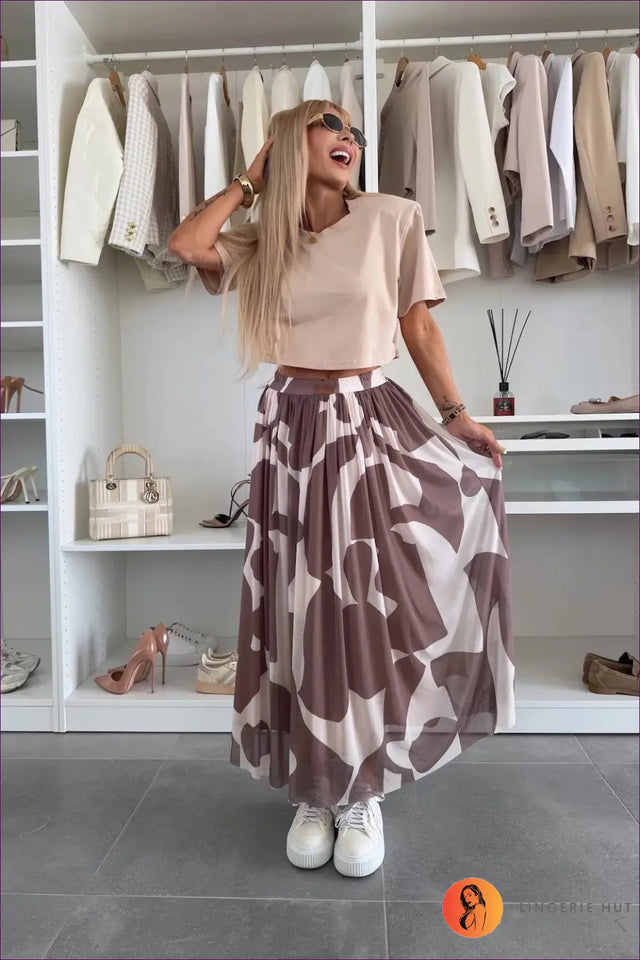 Abstract Print Maxi Skirt with Sheer Overlay - Modern Boho Mood