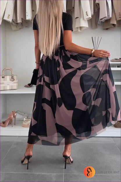 Abstract Print Maxi Skirt with Sheer Overlay - Modern Boho Mood for Autumn, Boho, Casual, Everyday,