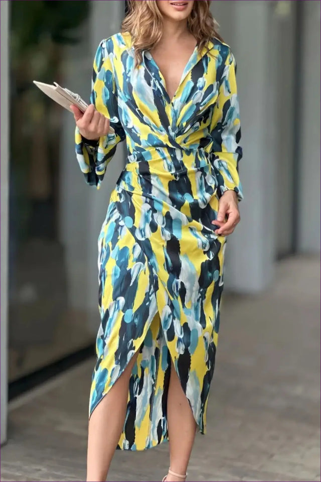 Abstract Print Wrap Midi Dress - Effortless Everyday Glamour