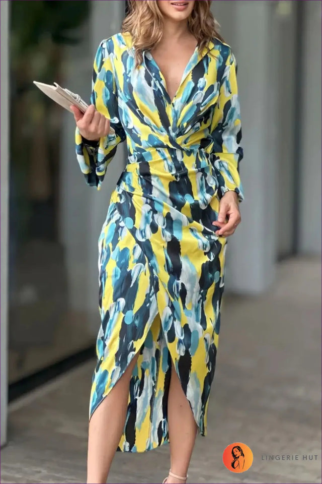 Abstract Print Wrap Midi Dress - Effortless Everyday Glamour