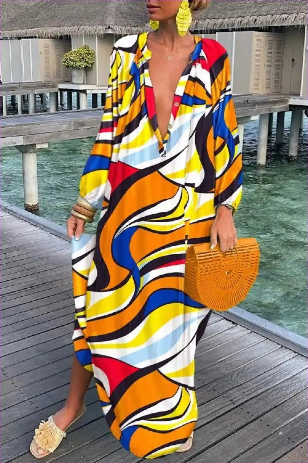 Abstract Swirl Kaftan Maxi Shirt Dress - Oversized v Neck for Beachwear, Boho, Casual, Cover Up, Dresses