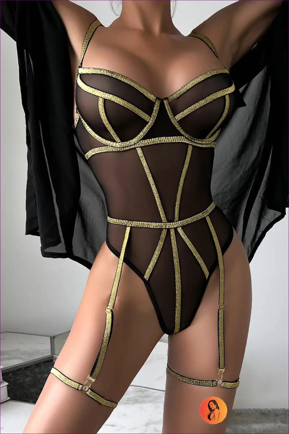 Indulge In Your Allure, With a Backless Design And Gold Silk Mesh! Elevate Intimate Wear Touch