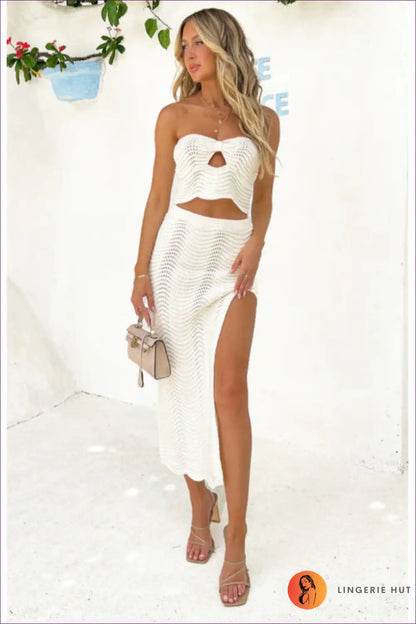 Cutout co Ord Set with Midi Skirt - Summer Evenings Sorted - s / White - Clothing - Lingerie Hut - Crop • Date Night