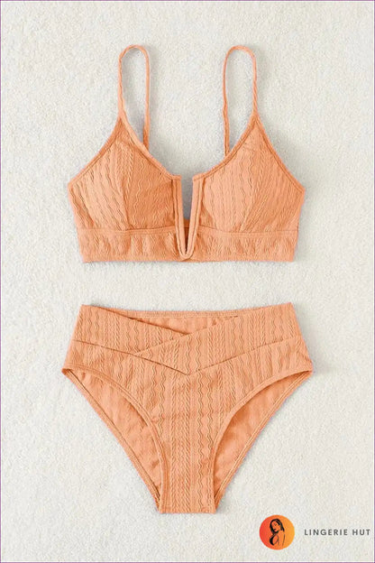 Be a Beach Goddess With Our Alluring High-waist Bikini. Featuring Sexy Deep V-neck And Ribbed Texture. Limited